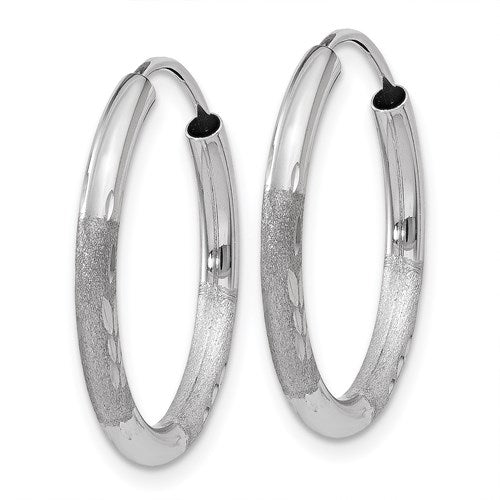 14k white gold satin diamond cut endless round hoop earrings 19mm x 2mm