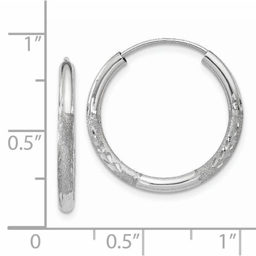 14k white gold satin diamond cut endless round hoop earrings 19mm x 2mm