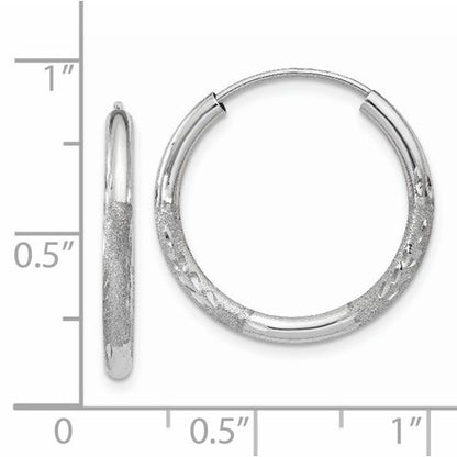 14k white gold satin diamond cut endless round hoop earrings 19mm x 2mm