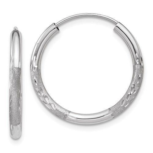 14k white gold satin diamond cut endless round hoop earrings 19mm x 2mm