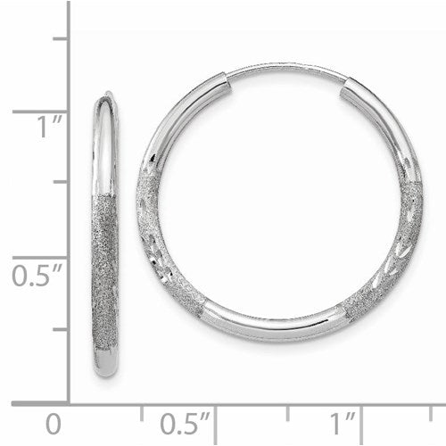14k white gold satin diamond cut endless round hoop earrings 24mm x 2mm