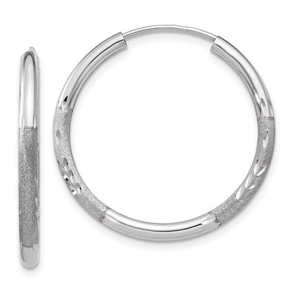 14k white gold satin diamond cut endless round hoop earrings 24mm x 2mm