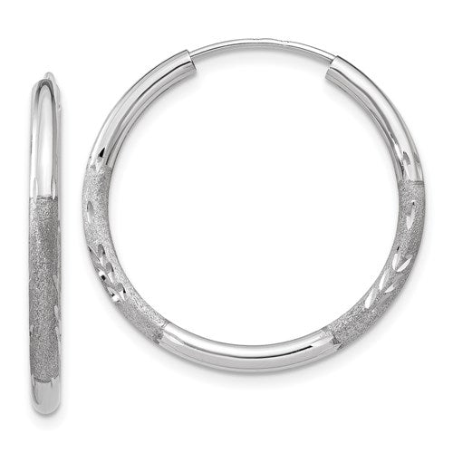 14k white gold satin diamond cut endless round hoop earrings 24mm x 2mm