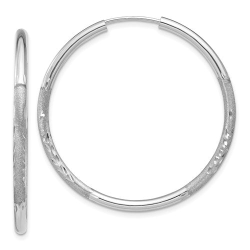 14k white gold satin diamond cut endless round hoop earrings 33mm x 2mm