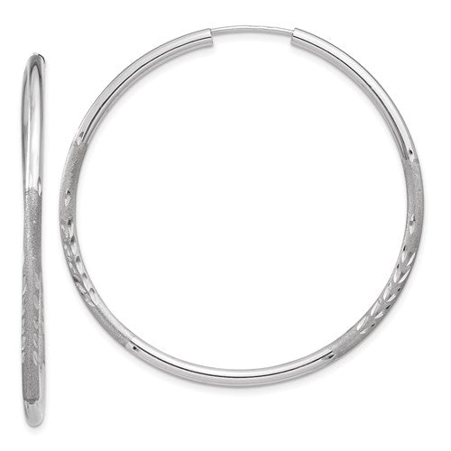 14k white gold satin diamond cut endless round hoop earrings 43mm x 2mm