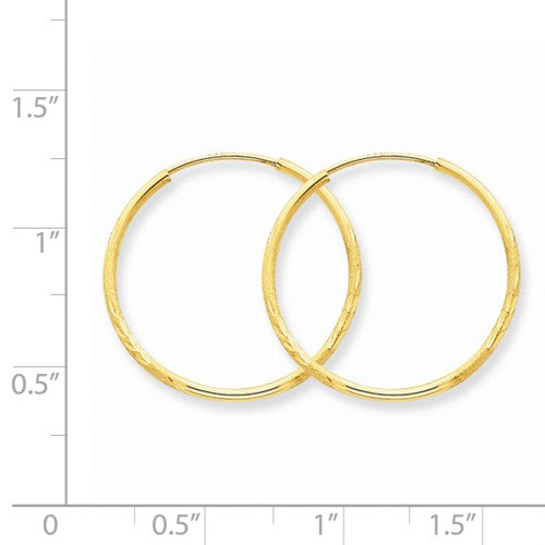 14k yellow gold diamond cut satin endless round hoop earrings 23mm x 1.25mm