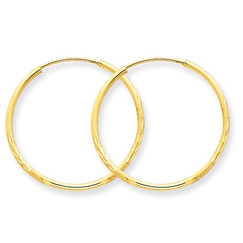 14k yellow gold diamond cut satin endless round hoop earrings 23mm x 1.25mm