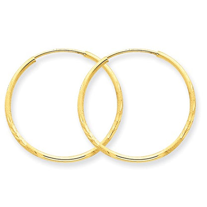 14k yellow gold diamond cut satin endless round hoop earrings 23mm x 1.25mm