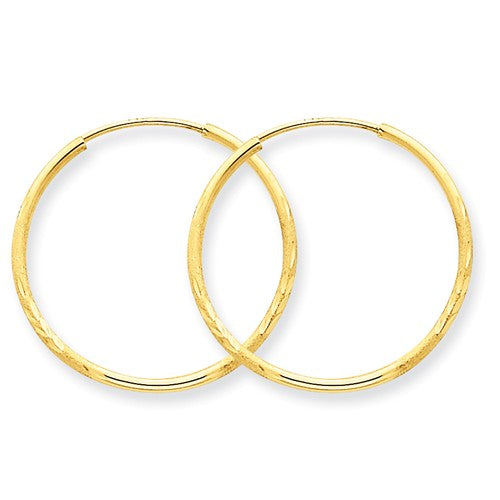 14k yellow gold diamond cut satin endless round hoop earrings 23mm x 1.25mm
