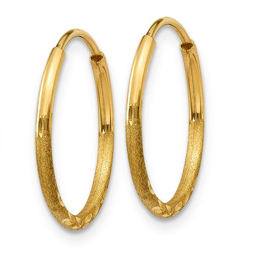 14k yellow gold diamond cut satin endless round hoop earrings 16mm x 1.25mm