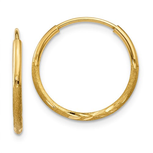 14k Yellow Gold Diamond Cut Satin Endless Round Hoop Earrings 16mm x 1.25mm - BringJoyCollection