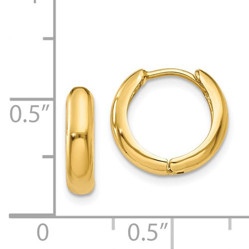 14k yellow gold small dainty huggie hinged hoop earrings 12mm x 2mm