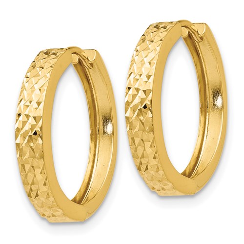 14k yellow gold diamond cut textured huggie hinged hoop earrings 18mm x 3mm