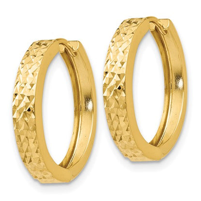 14k yellow gold diamond cut textured huggie hinged hoop earrings 18mm x 3mm