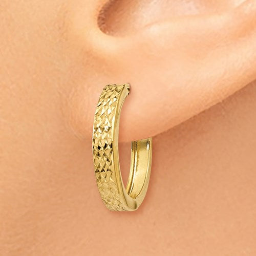 14k yellow gold diamond cut textured huggie hinged hoop earrings 18mm x 3mm