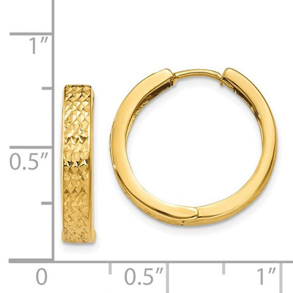 14k yellow gold diamond cut textured huggie hinged hoop earrings 18mm x 3mm