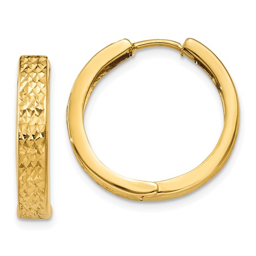 14k yellow gold diamond cut textured huggie hinged hoop earrings 18mm x 3mm