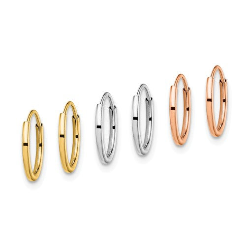 14k yellow rose white gold round small hoop earrings 3 pair set 9mm x 1mm