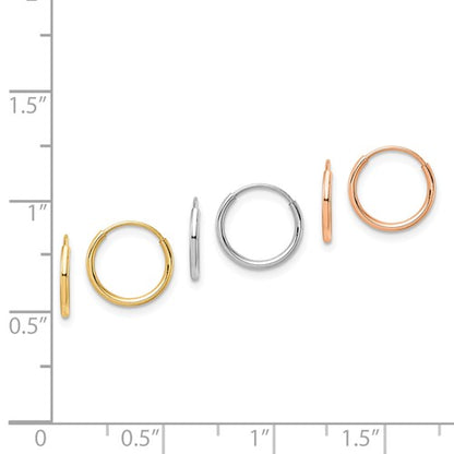 14k yellow rose white gold round small hoop earrings 3 pair set 9mm x 1mm