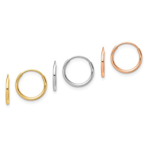 14k yellow rose white gold round small hoop earrings 3 pair set 9mm x 1mm