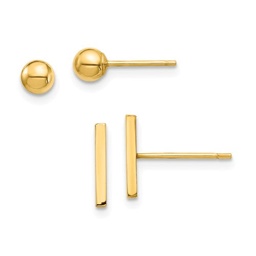14k yellow gold petite tiny ball and bar 2 pair set stud earrings